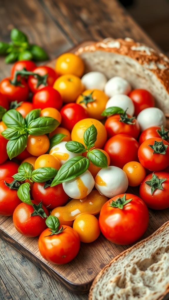 A colorful arrangement of tomatoes, basil, and mozzarella on a wooden table, with crusty bread on the side.